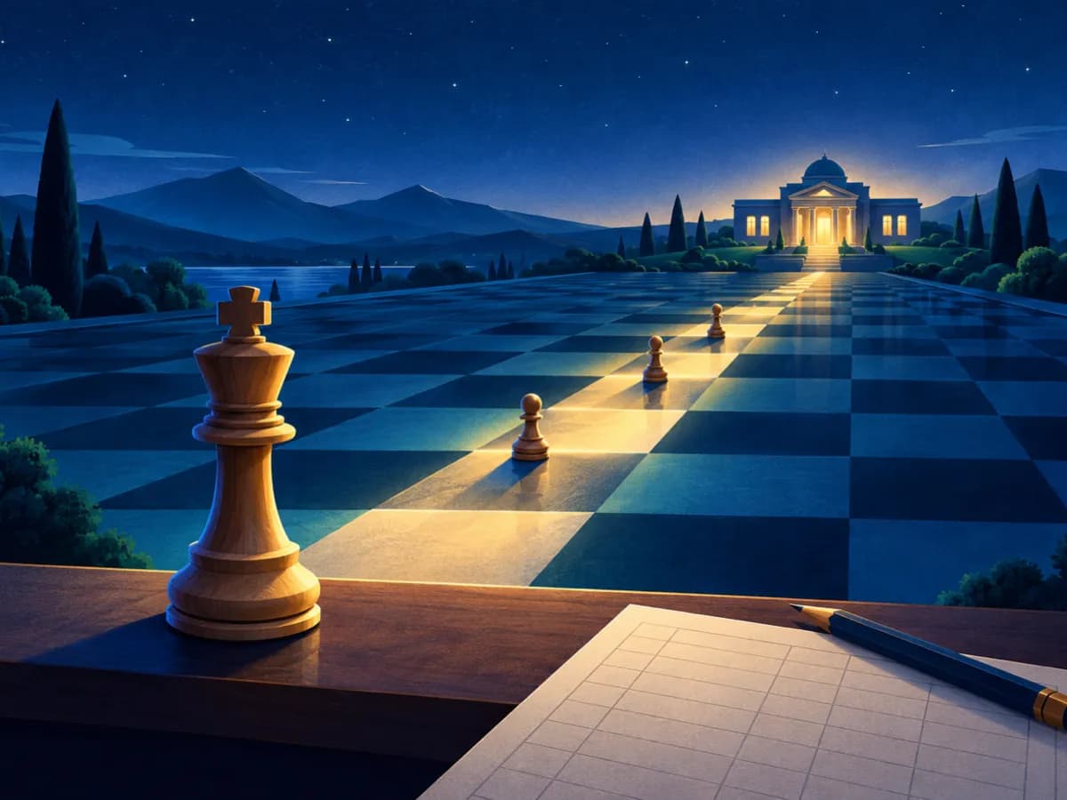 Illustration of a wooden king at the start of a lit path of chessboard squares leading to a glowing academy building