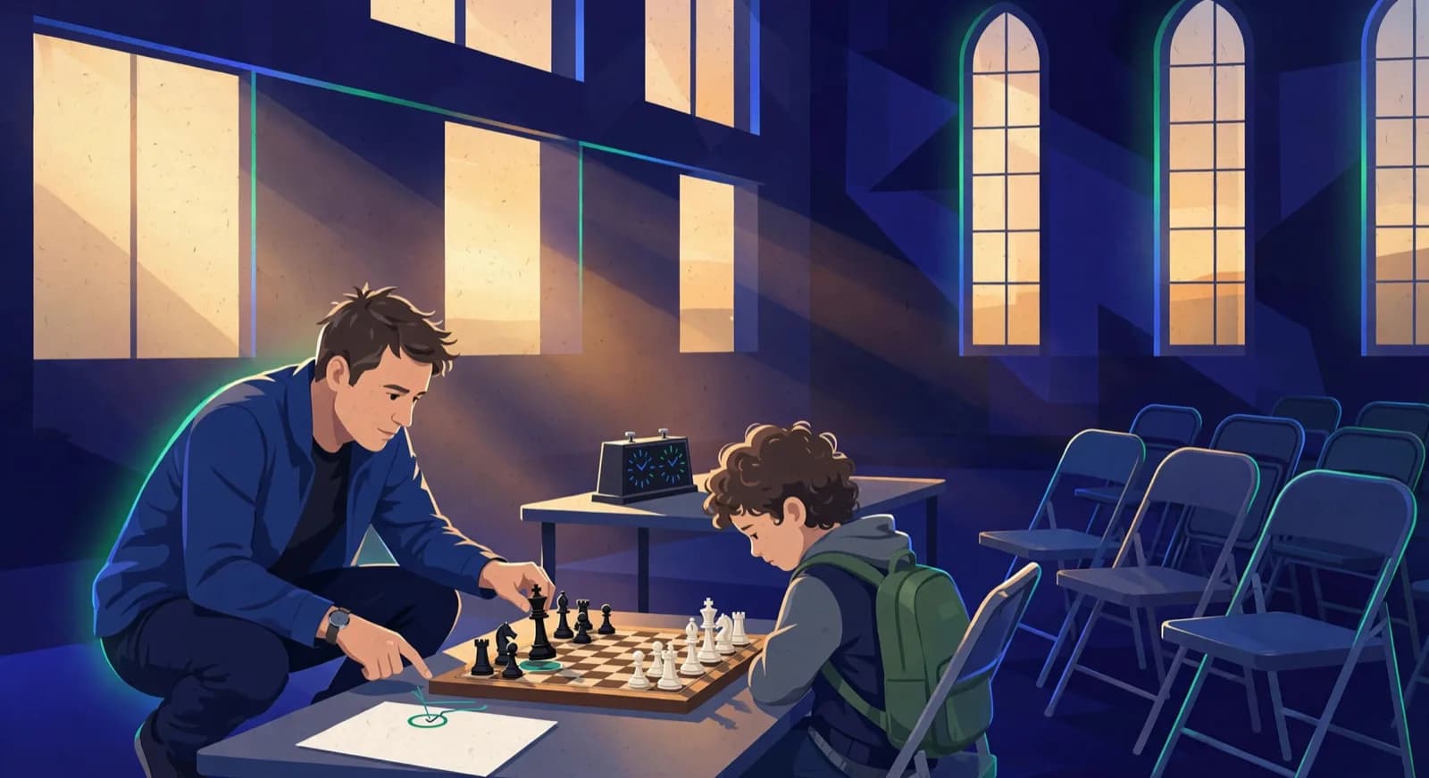 A coach consoling a child after a tournament while reviewing one good move on a scoresheet.