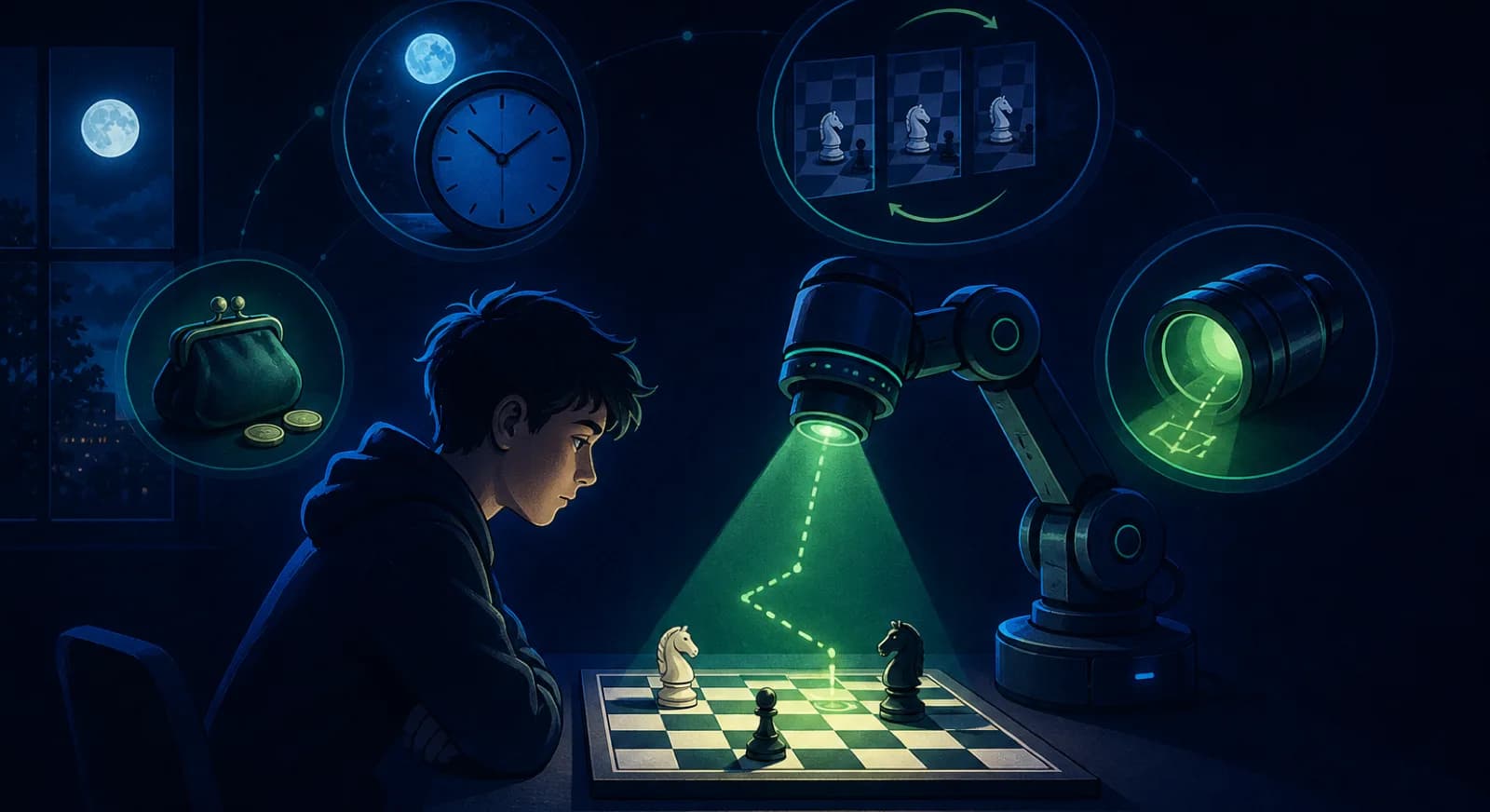 Four strengths of AI chess coaching shown as a connected visual scorecard.