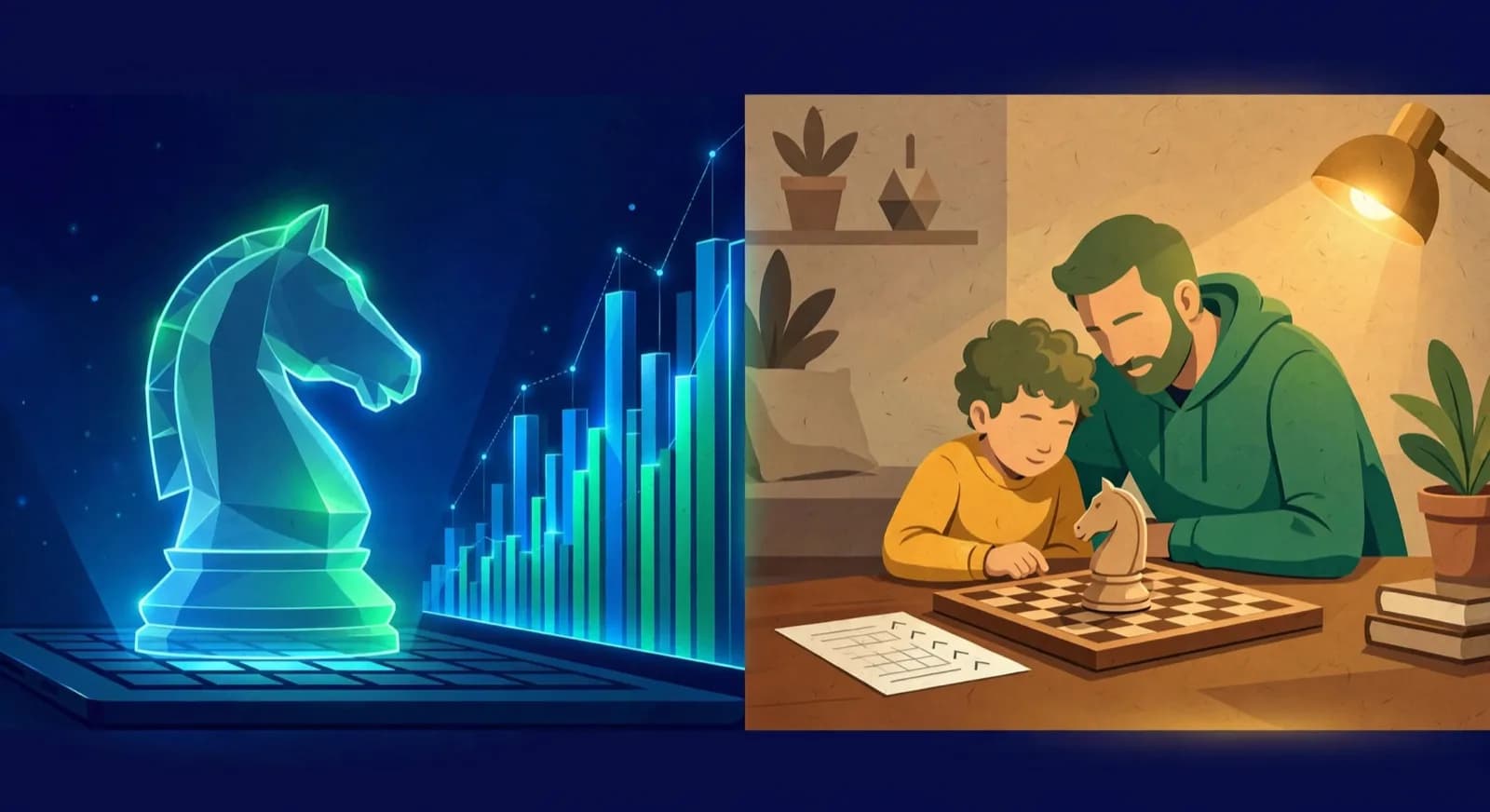 A digital knight on a laptop facing a human coach and child at a wooden board.