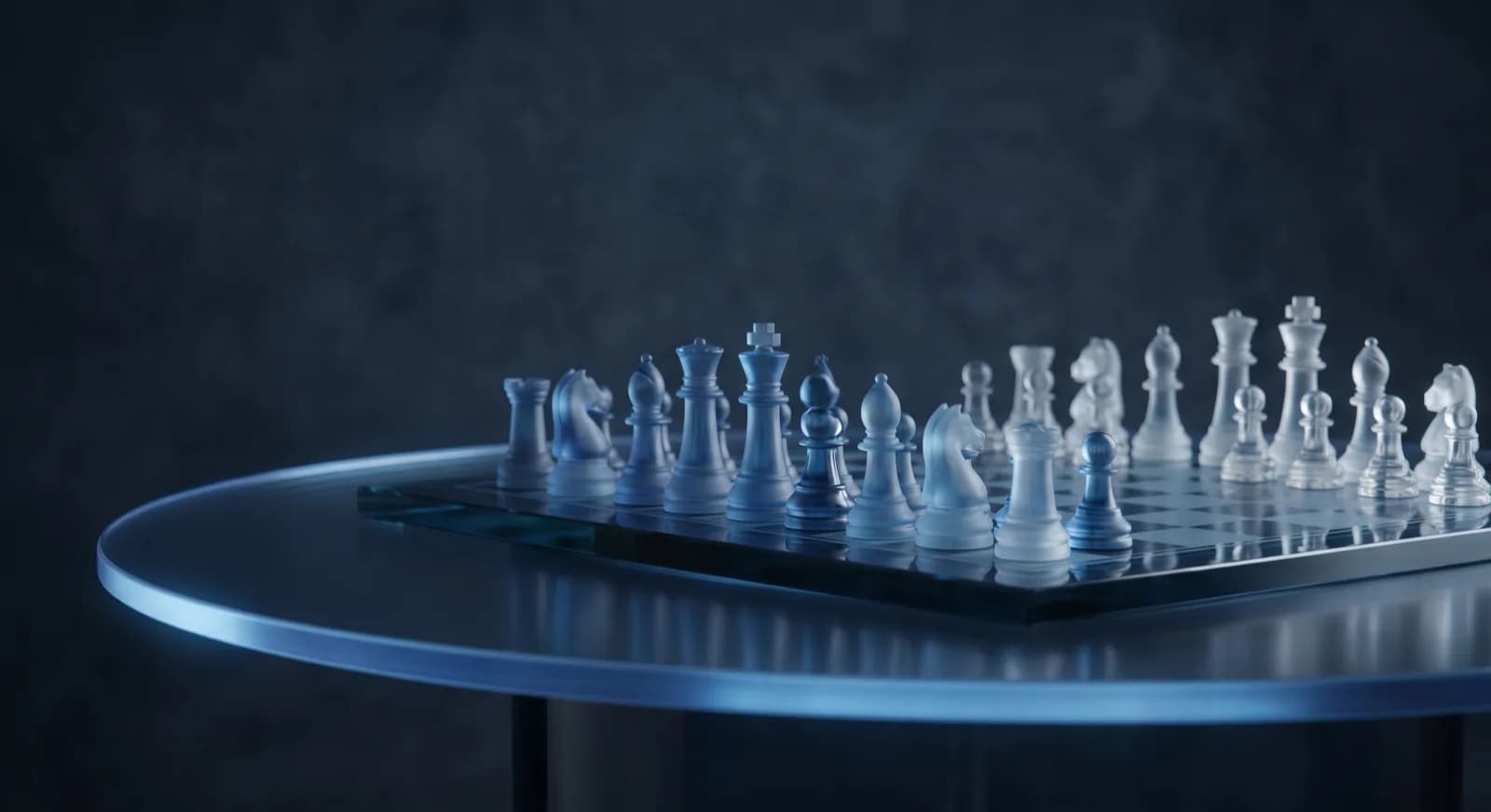 A translucent futuristic chess set mid game with blue rim lighting