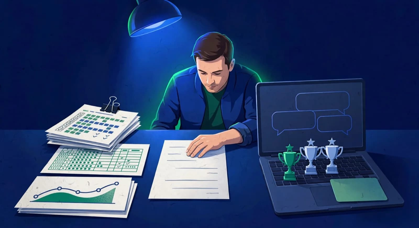 A coach desk holds student records on the left and an empty chatbot window with plastic trophies on the right.