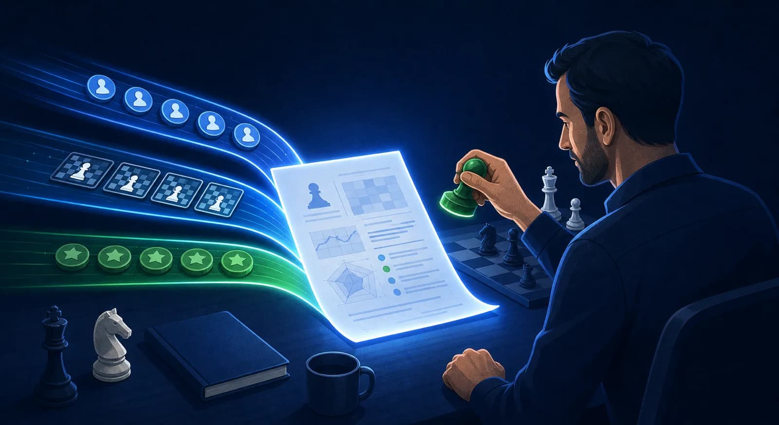 A chess coach checks a progress report fed by attendance, game, and rating evidence before approving it.