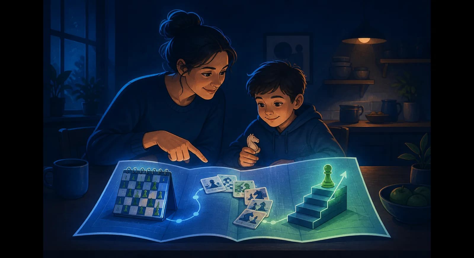 A parent and child follow a report path connecting attendance, played games, and rating progress.