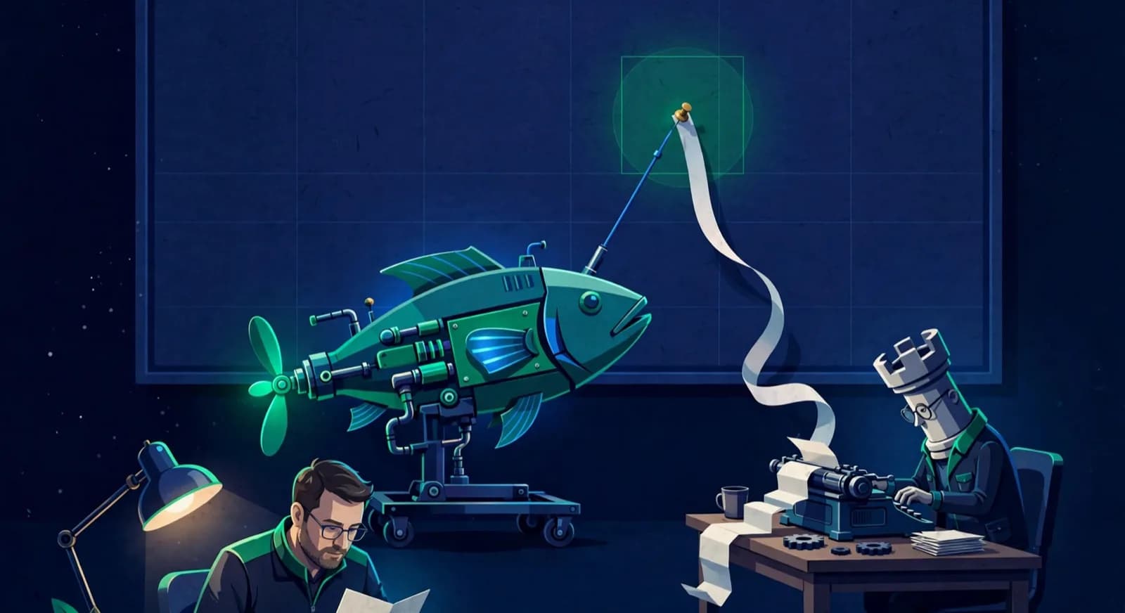 A fish-shaped engine marks one square on a demo board while a rook types a letter and a coach reads it.