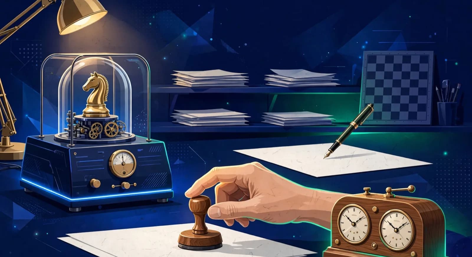 A coach's hand holds an approval stamp above a draft letter beside a chess clock and two separate workstations.