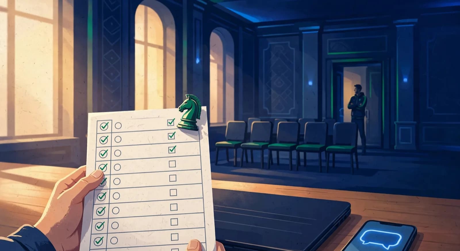 Child scoresheet and knight on a desk beside a parent phone with a coach visible in a doorway behind.