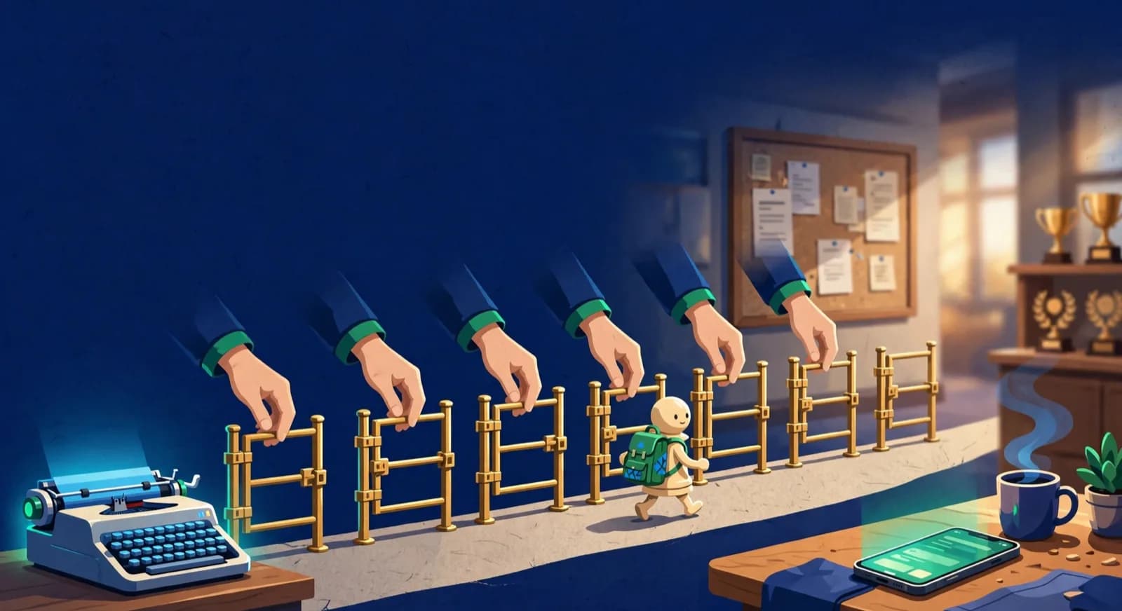 Small pawn with backpack facing six brass gates between an AI typewriter and a parent phone on a table.