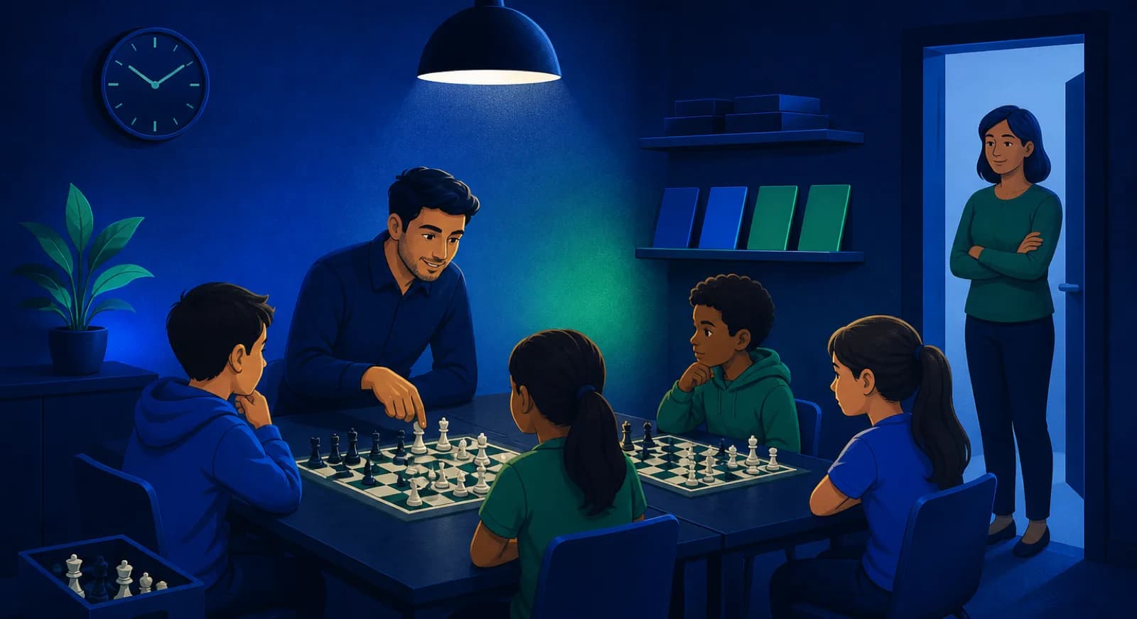 A new coach runs a small beginner chess class before pursuing federation affiliation.
