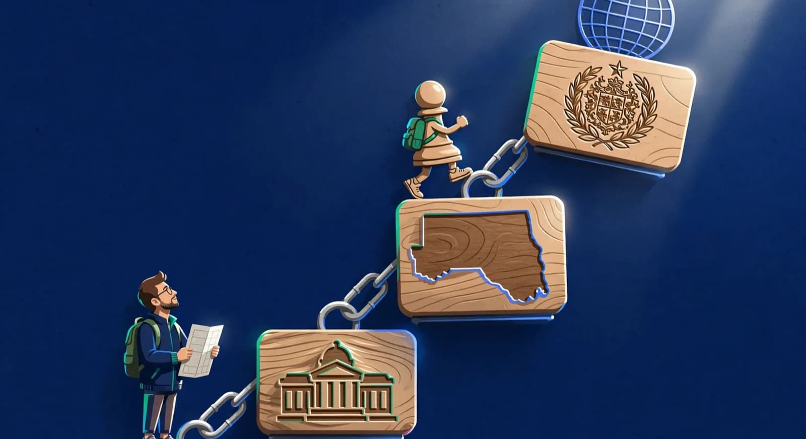 Player climbing a three-step affiliation chain from district to state to national body.