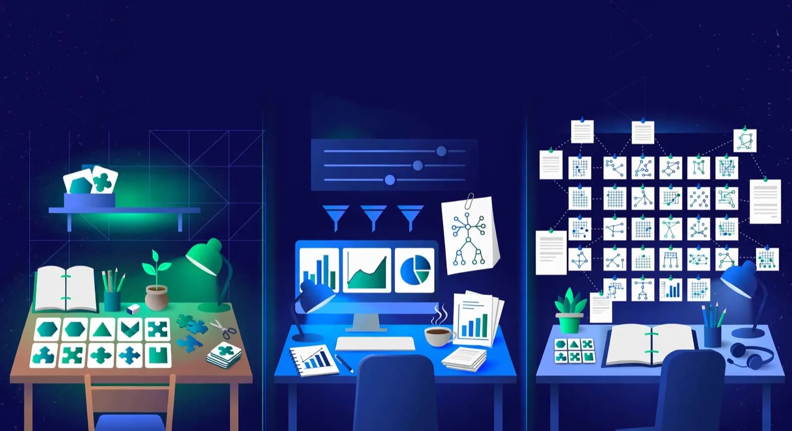 Three free-tool workstations for a student, an adult improver, and a coach.