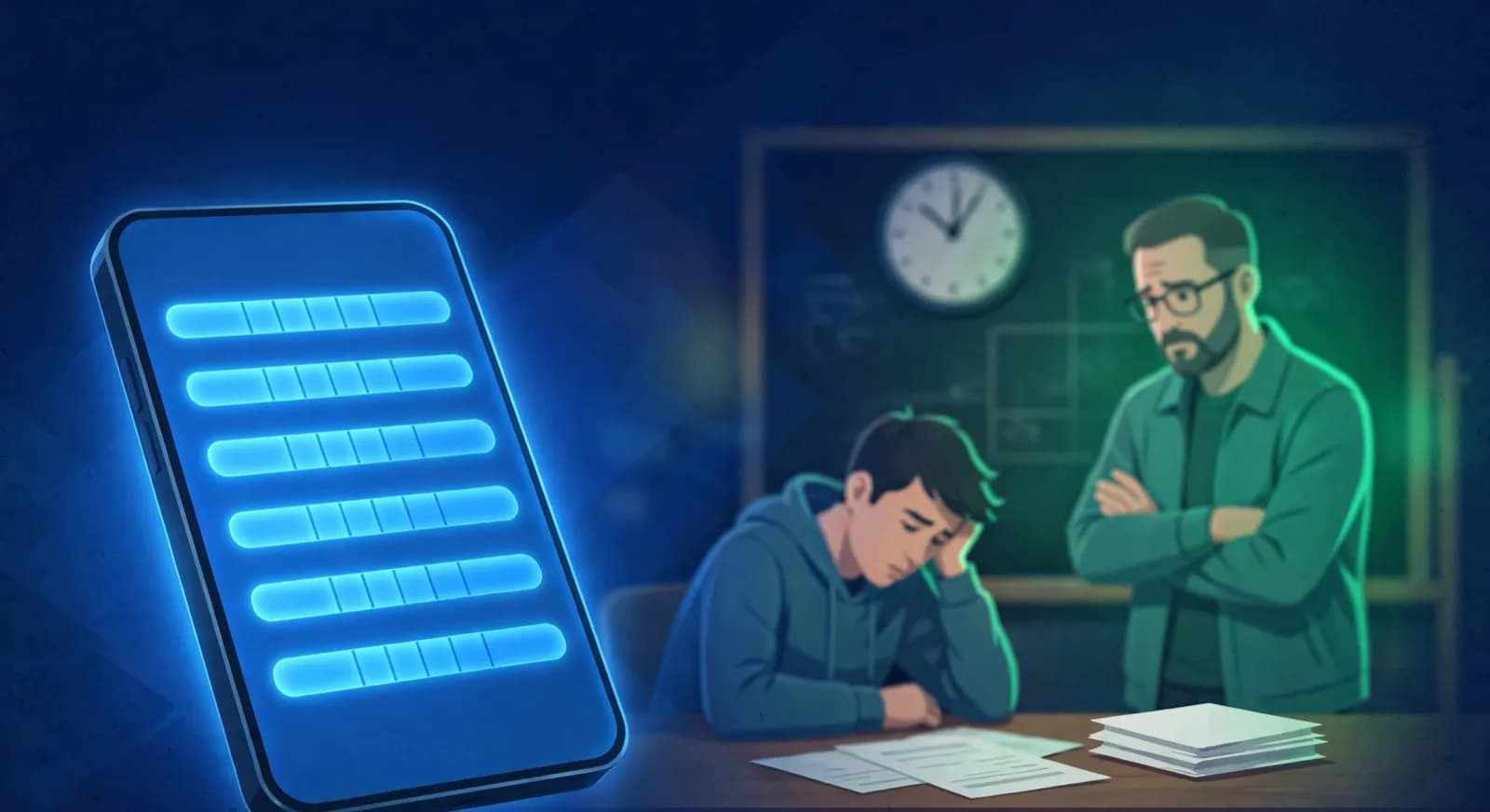 A skill dashboard on a phone contrasted with a coach watching the same student at a board.