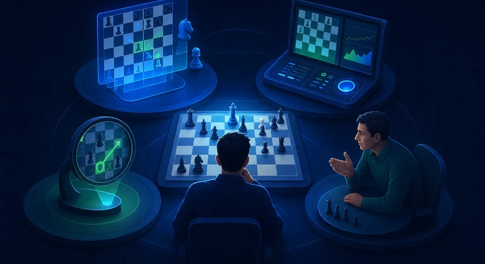 Four Aimchess alternatives surround a player reviewing a recent game.