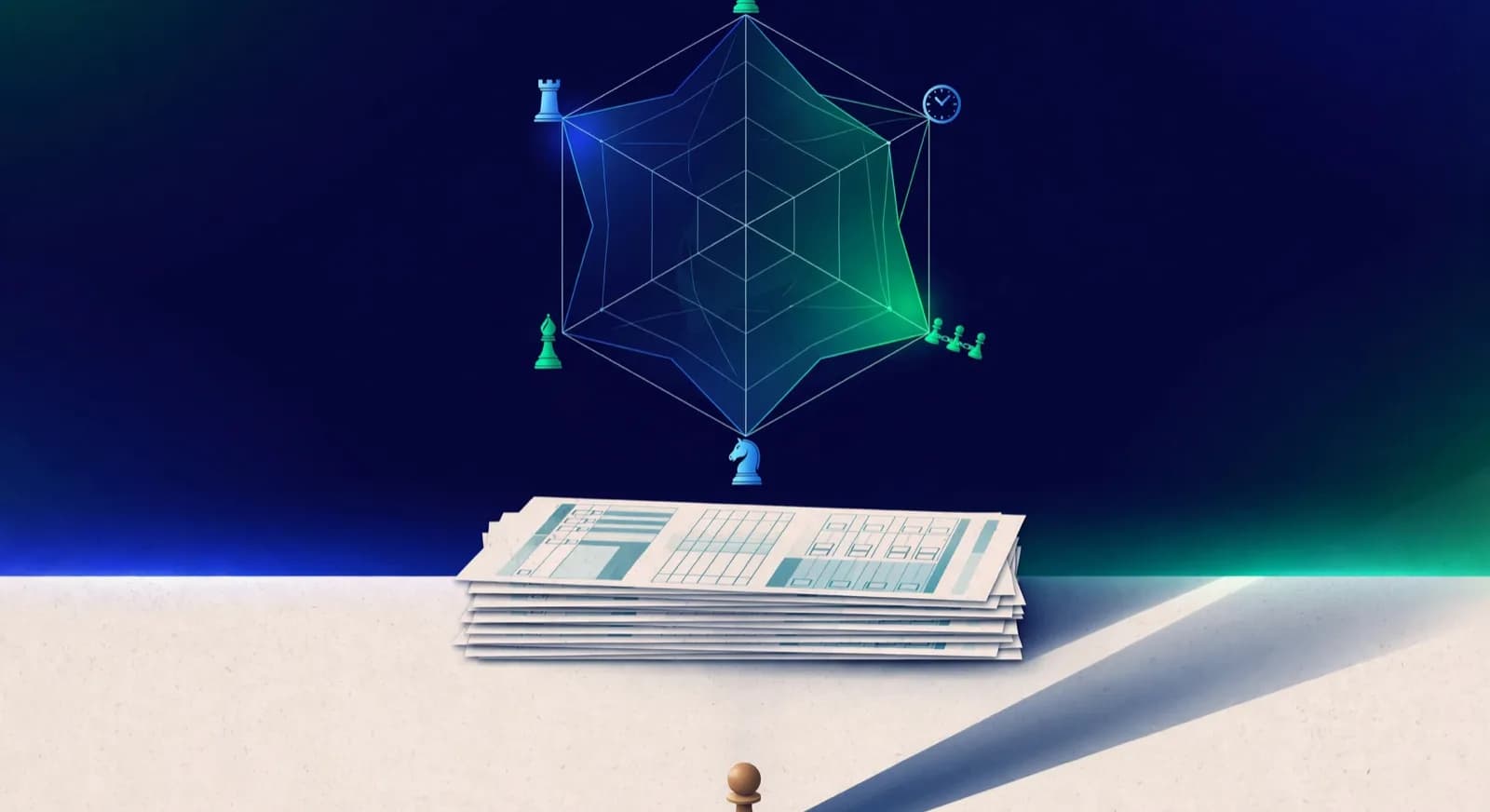A six-point skill radar chart hovering above a stack of chess scoresheets.