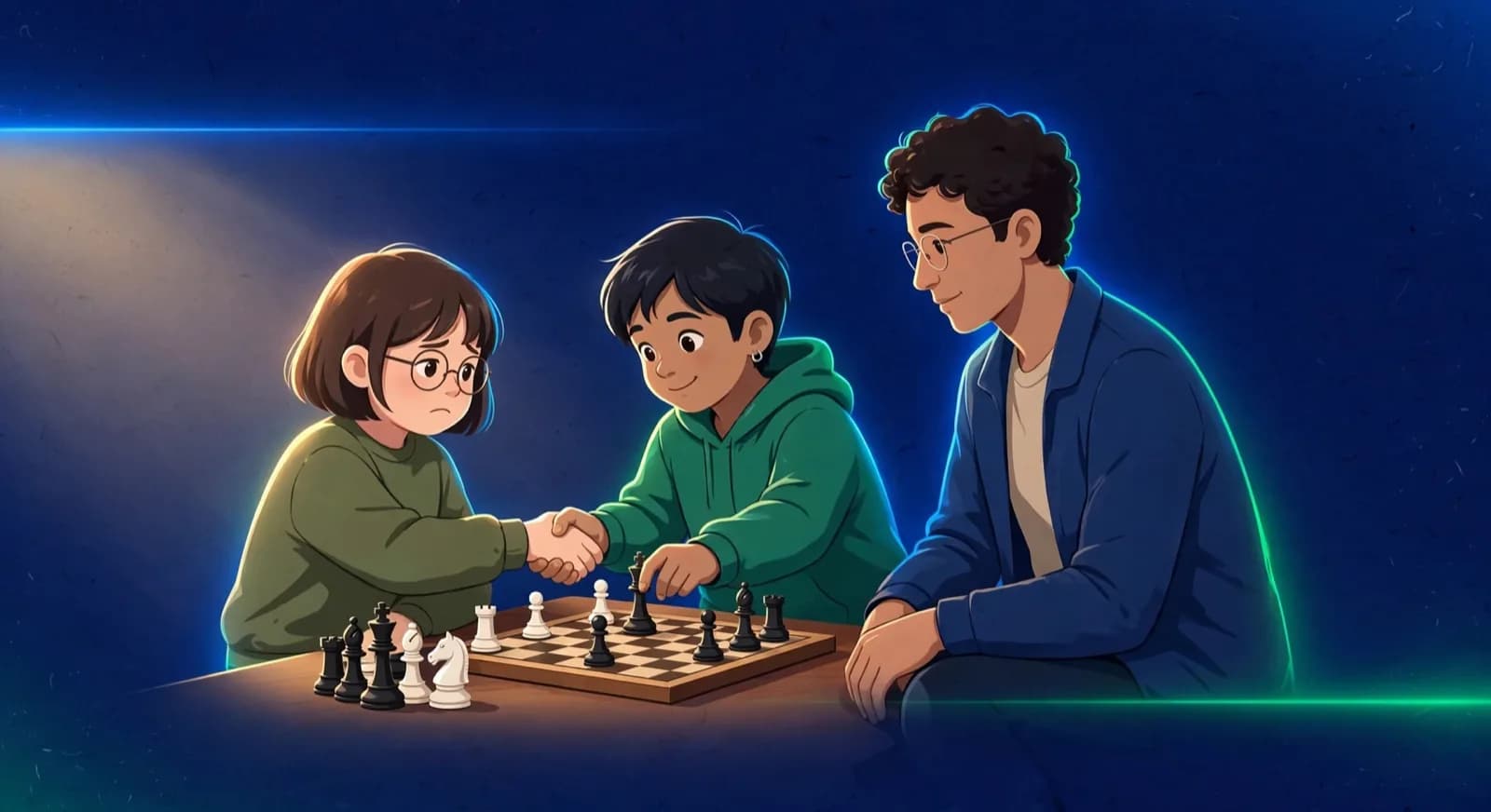 Two children shake hands after a game while a calm adult kneels beside the table.