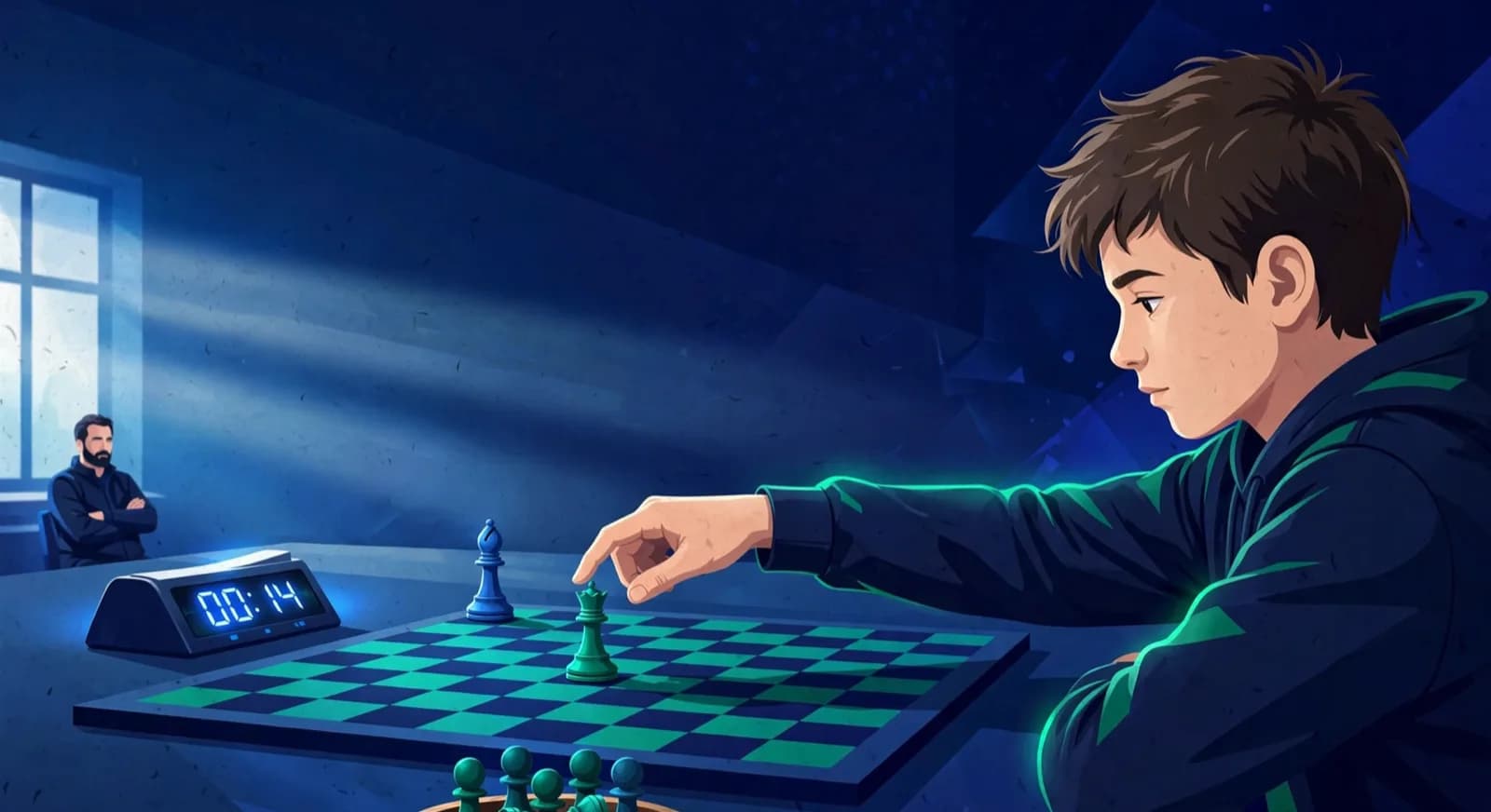 A child pauses with a fingertip short of an undefended queen while a bishop aims along the same diagonal.