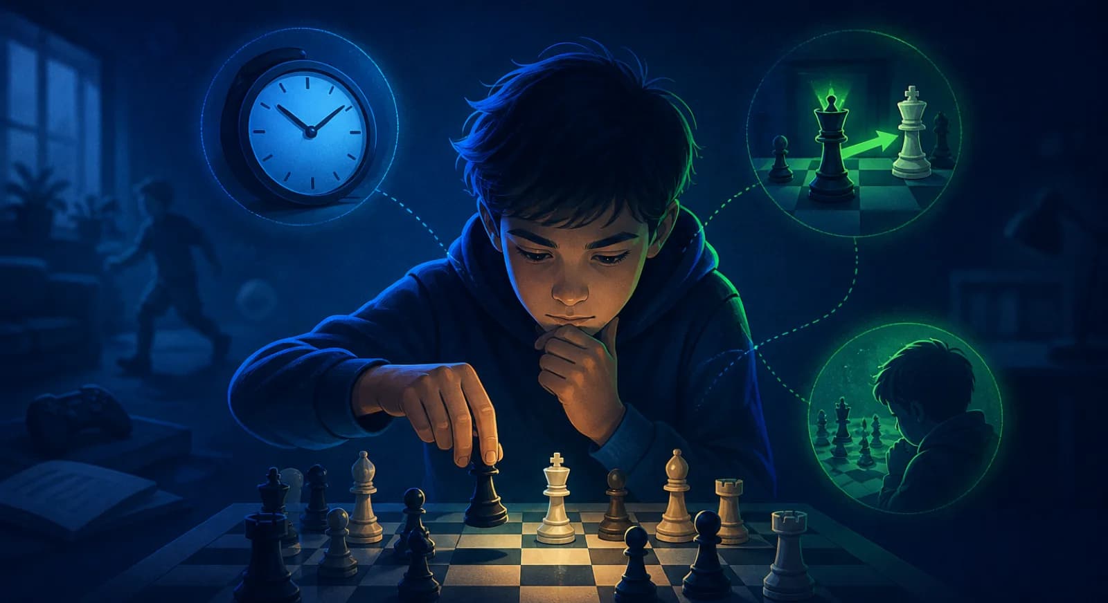 A child concentrates on a chess position while nearby distractions fade away.