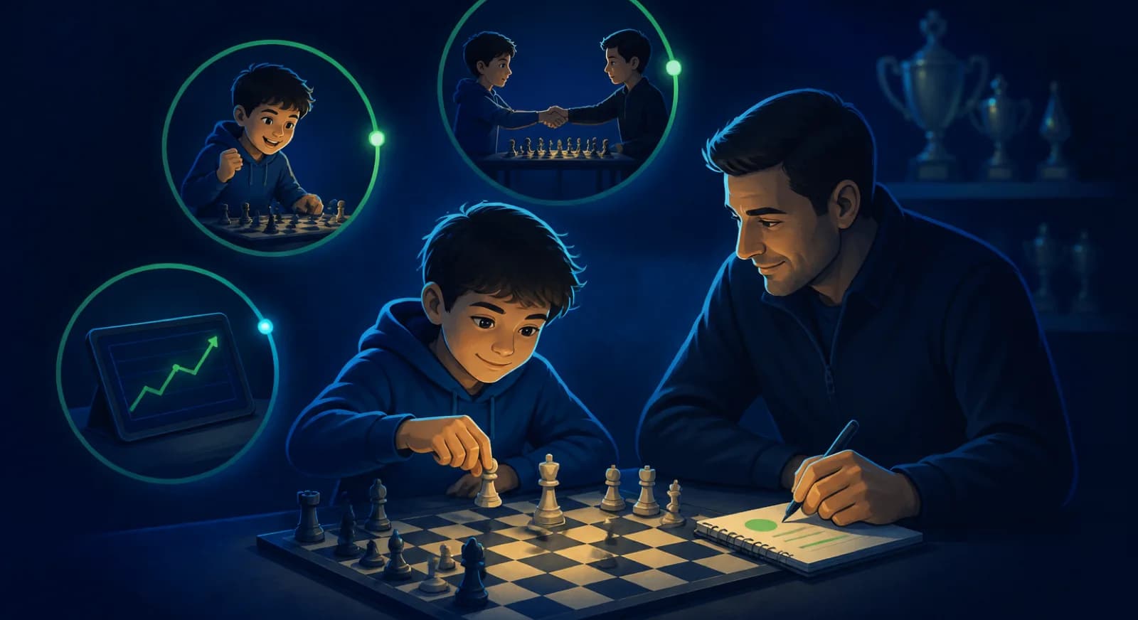 A parent watches a child stay engaged, improve gradually, and ask for another game.