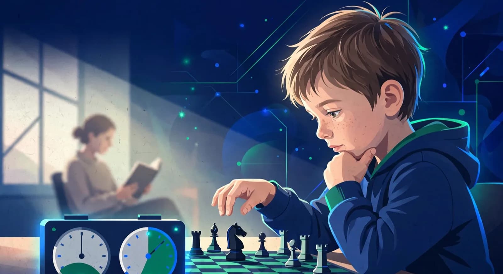 A child pauses mid-move at a chessboard while a dual clock runs in the foreground.