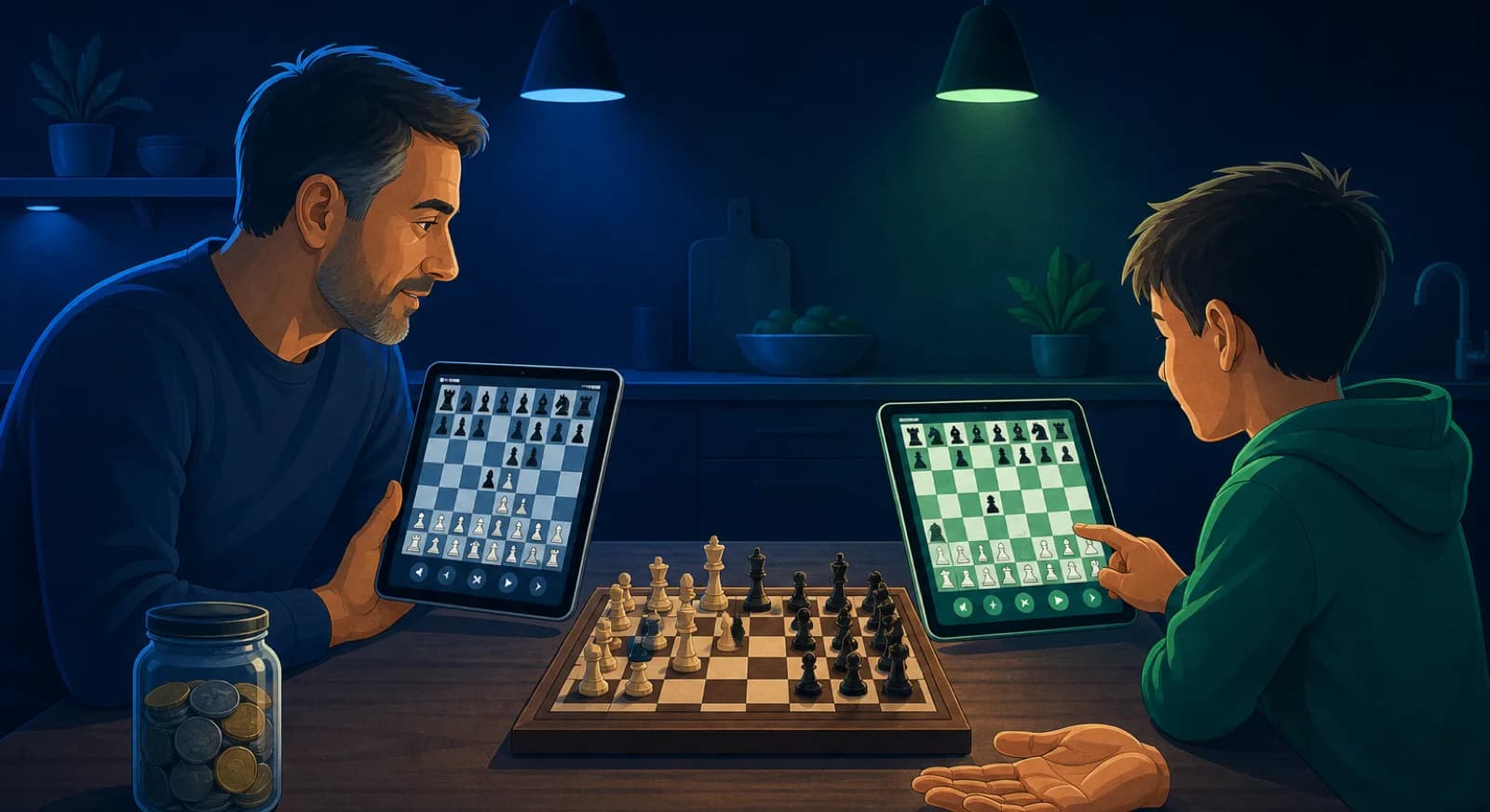 A parent and child compare free and paid chess training options on two tablets.