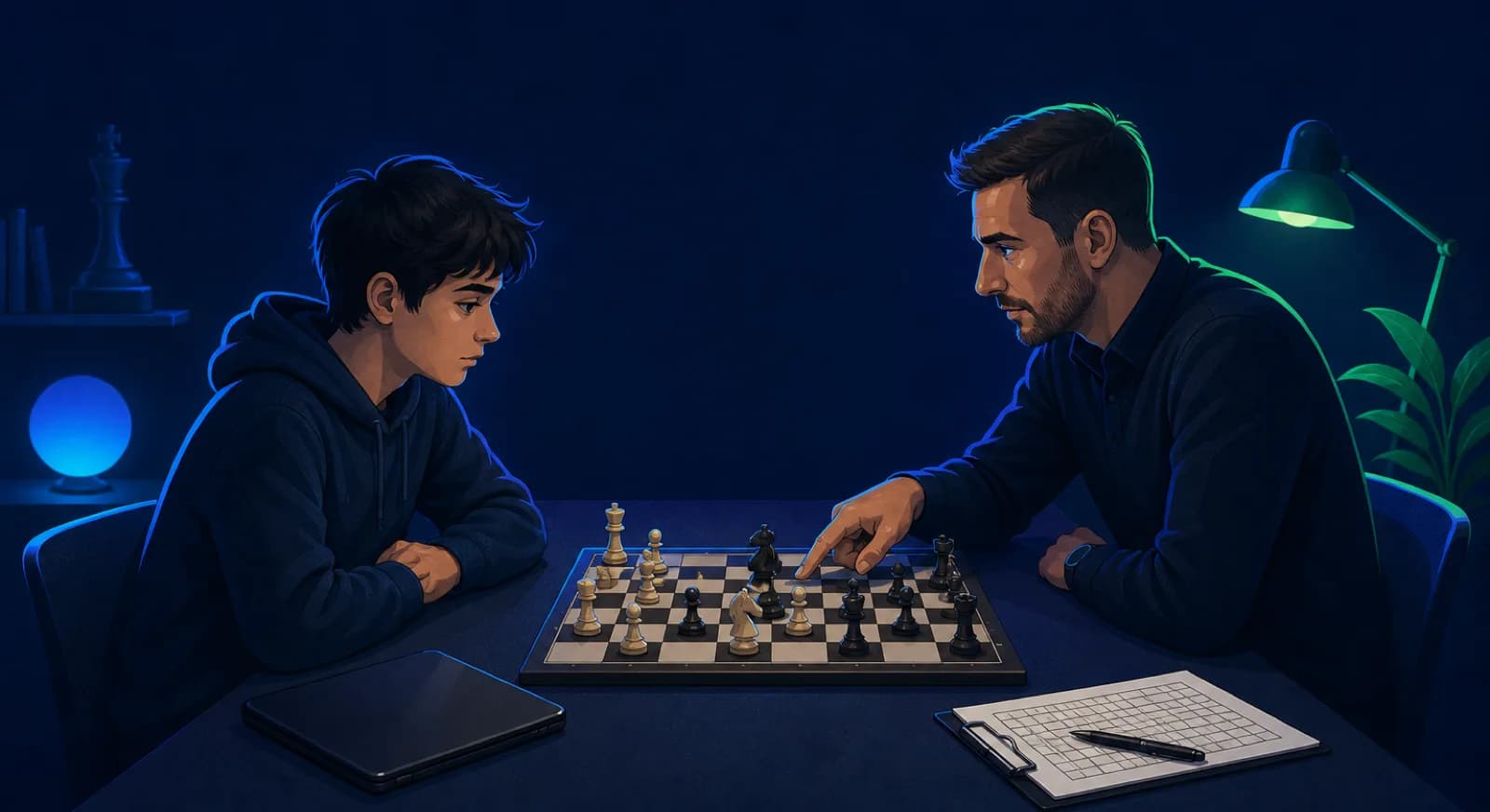 A coach discusses a difficult game with a student after the student closes a training app.