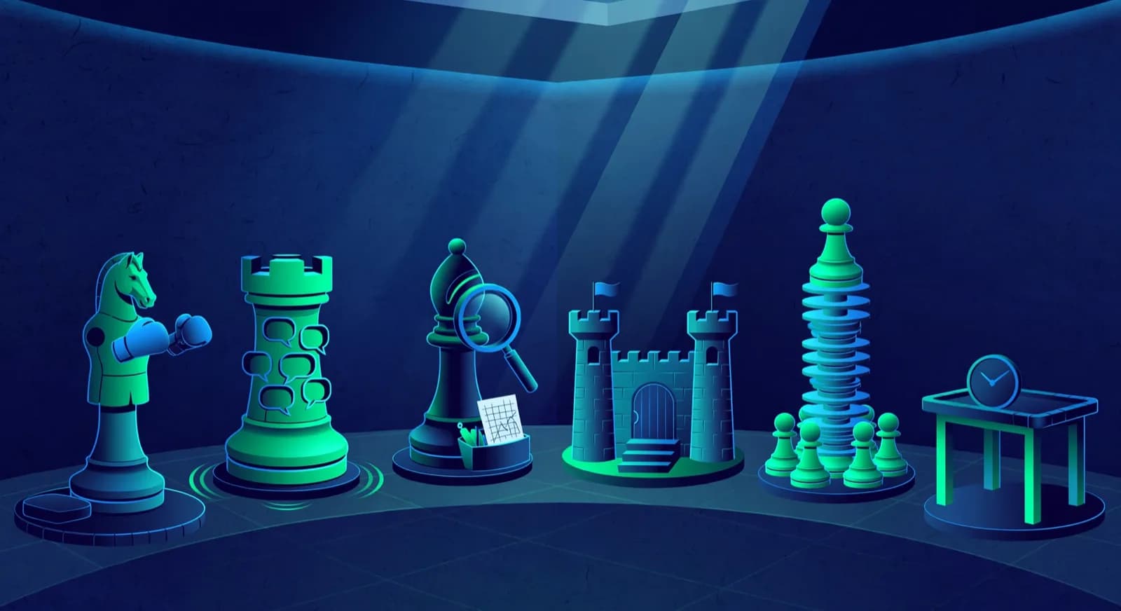 Six training stations built from oversized chess pieces form an arc in a bright practice hall.