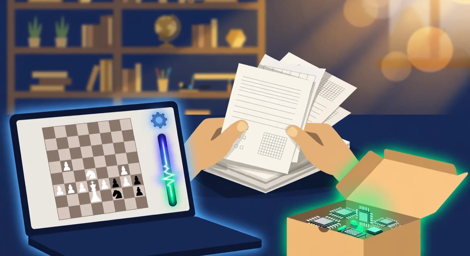Laptop showing chess analysis beside printed game scoresheets on a coach desk.