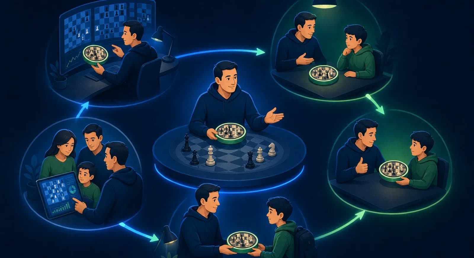 A five stage weekly loop connects game review, class, homework, and family reporting.