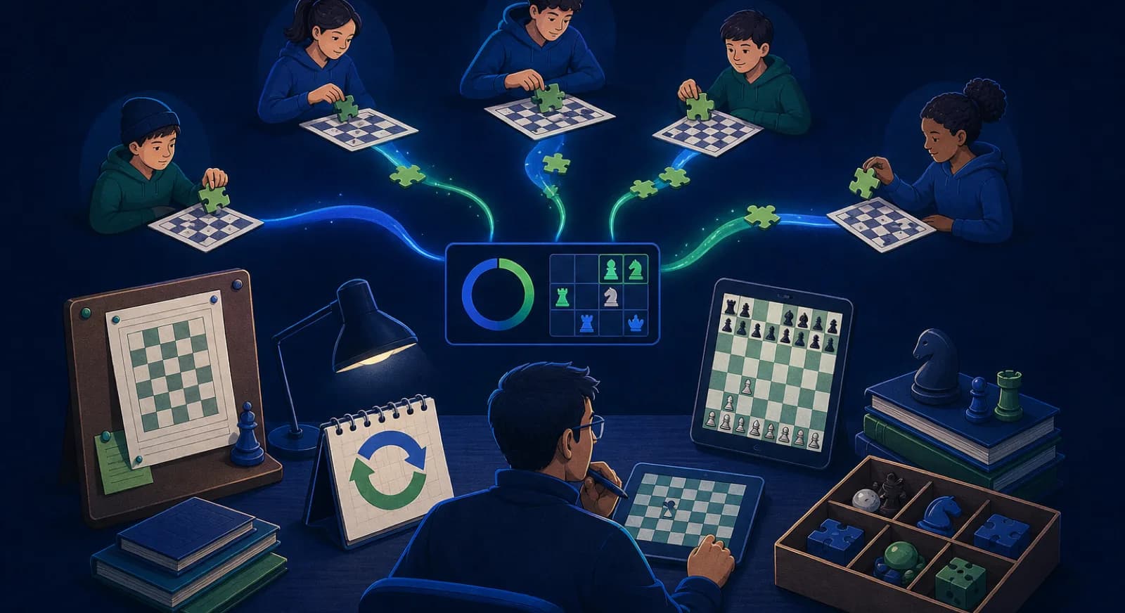 Five chess homework mechanisms feeding completion evidence to a coach dashboard.