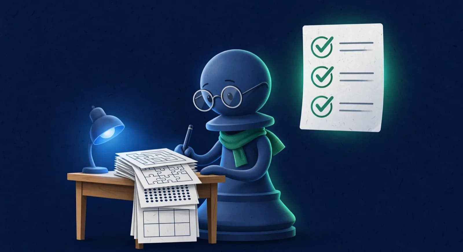 A chess pawn studying at a small desk with worksheets and a progress checklist