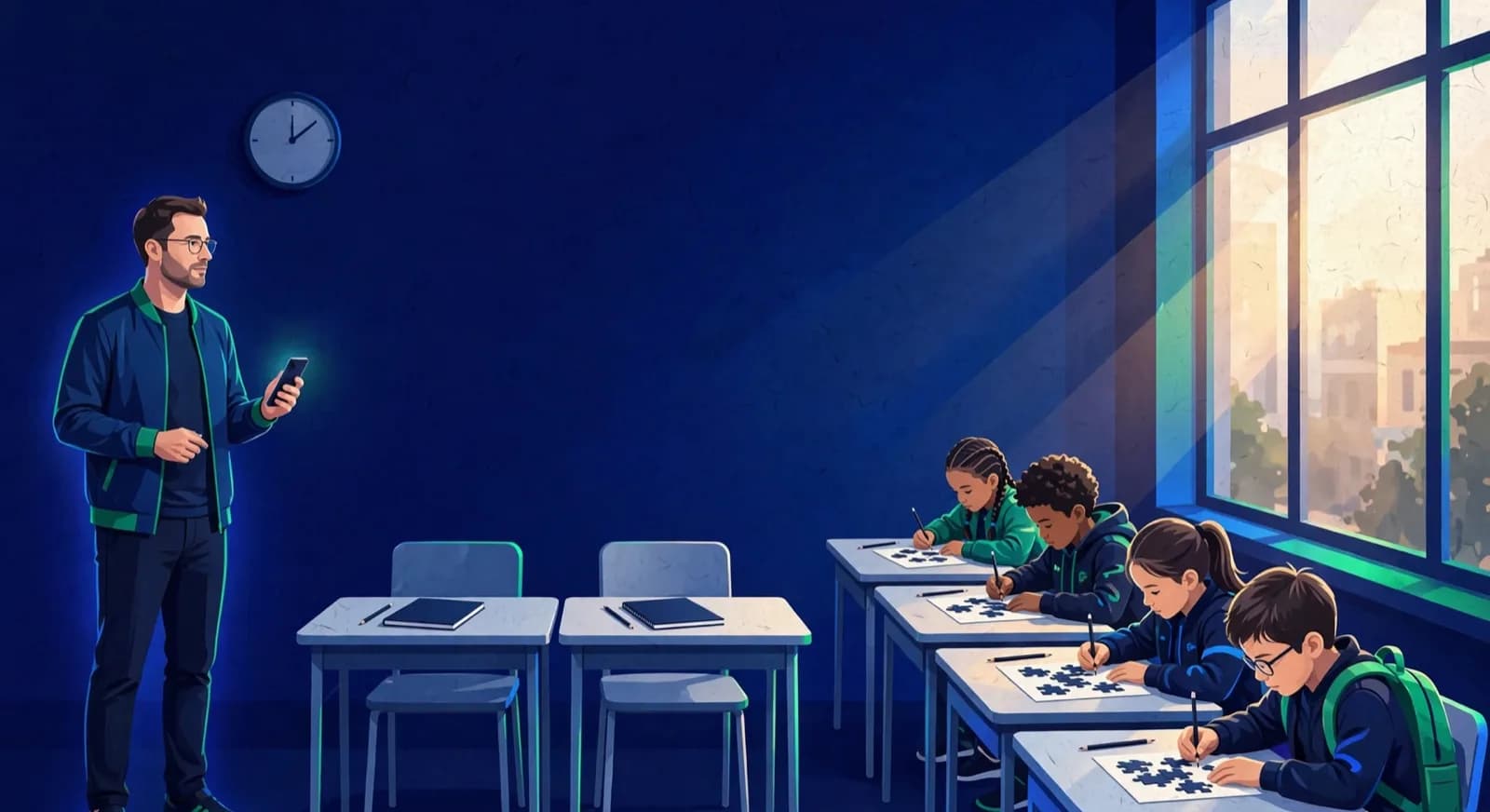 A coach marking attendance on a phone while students solve warm-up puzzles and two chairs sit empty.