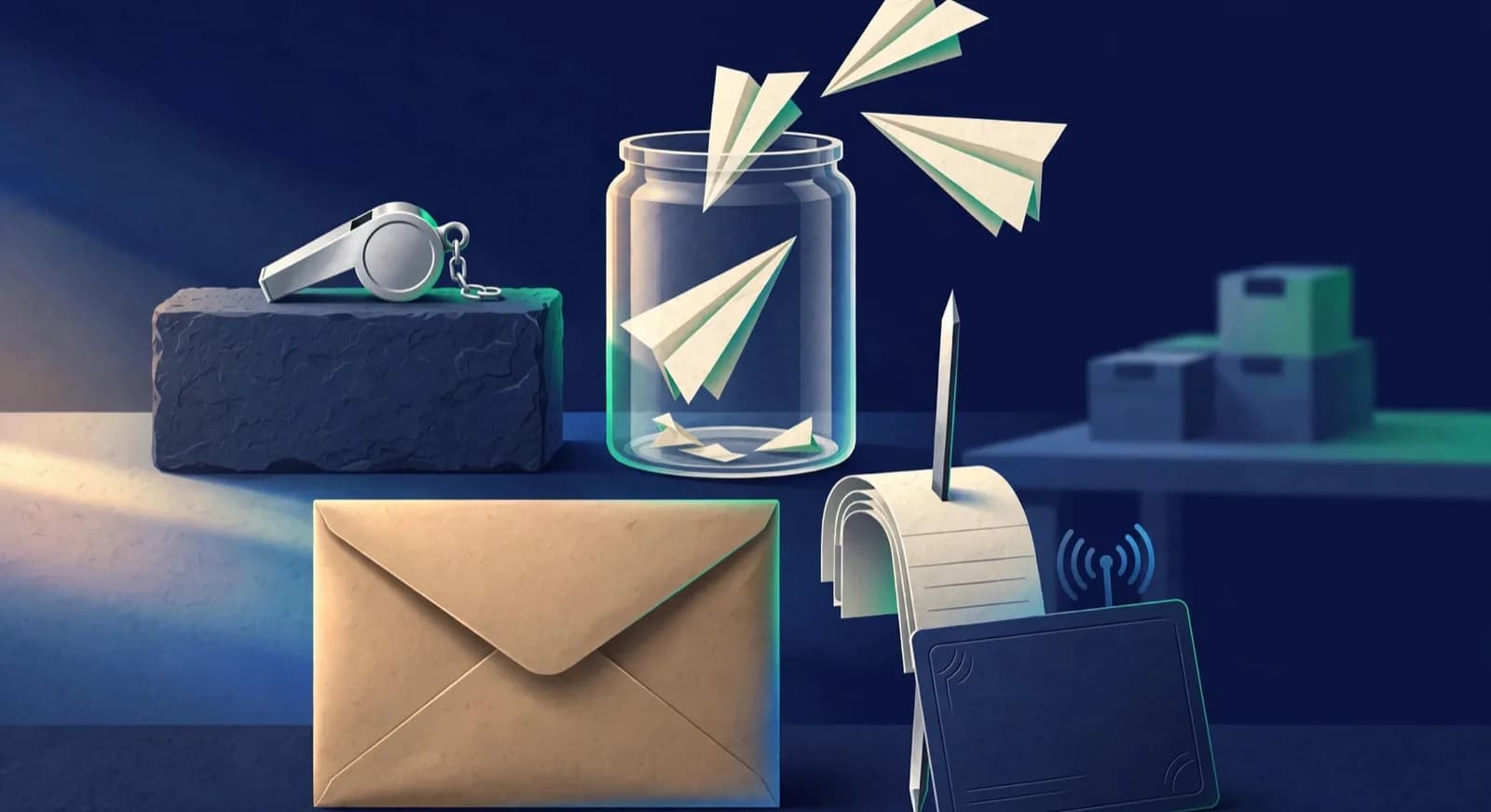 A founder desk shows a fee floor brick, a referral fed acquisition jar, and a working capital envelope beside a payment mandate card.