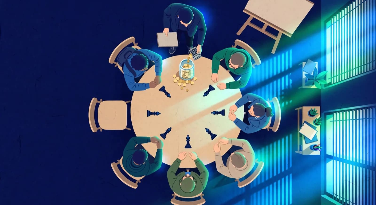 A round table of six student pawns and one empty seat sits beside a founder counting coins into a jar.