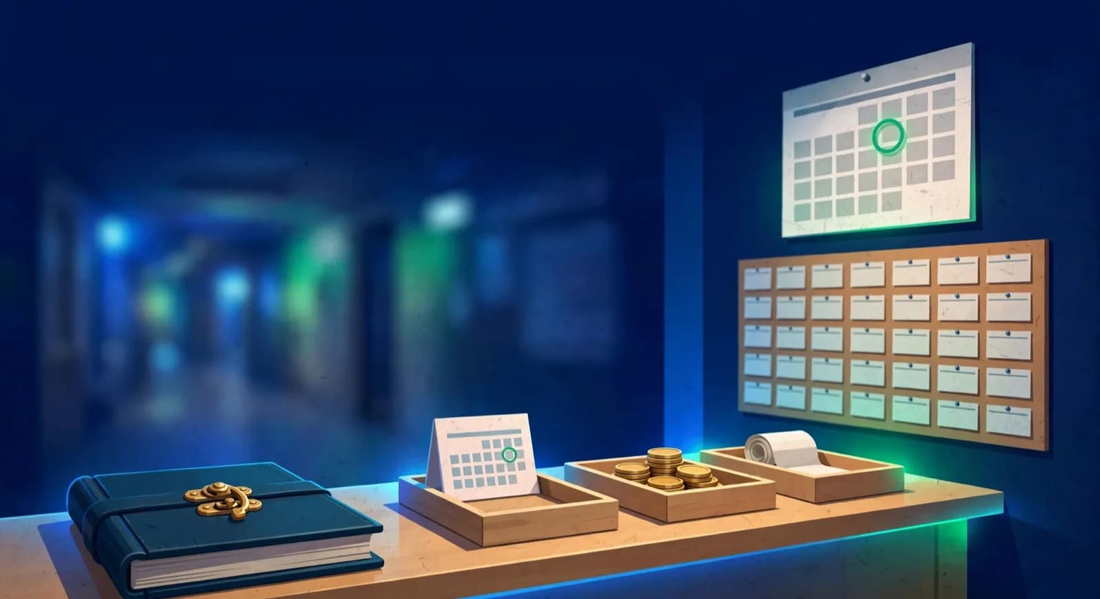 Academy reception counter with a ledger, three small trays, and a wall calendar with one circled date.