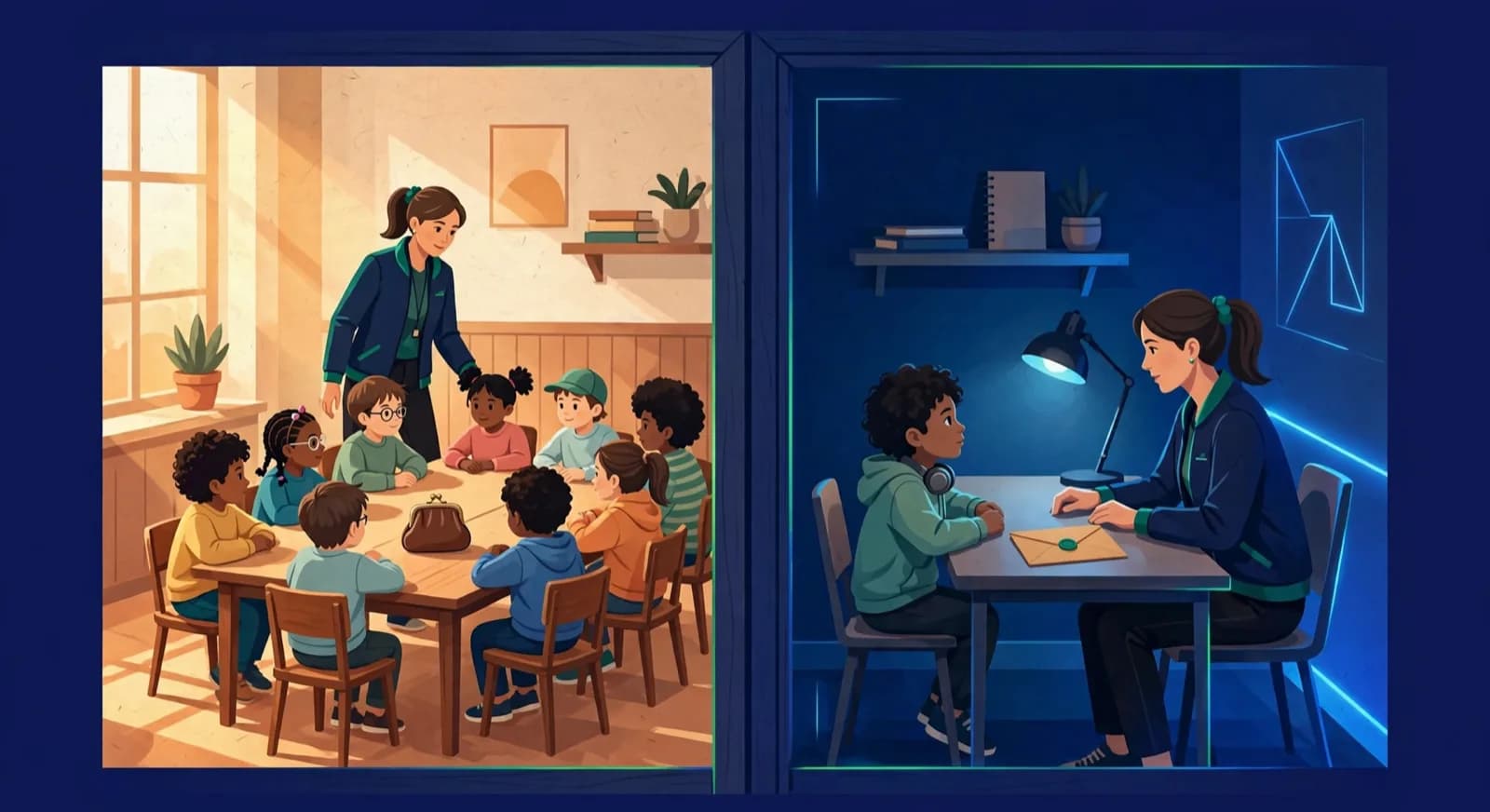 A split classroom shows a shared group table on one side and a private lesson with a larger fee envelope on the other.