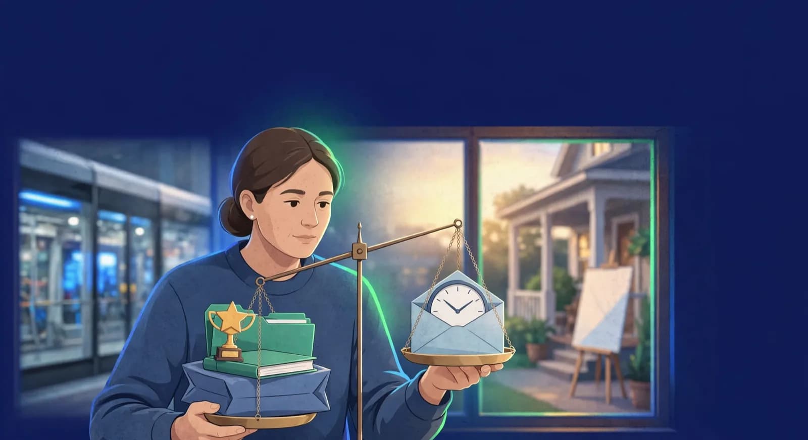 Parent comparing a bundled fee package against a class-hours-only envelope on a balance scale.