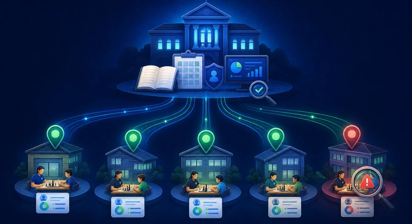 Five shared systems connect a flagship chess academy to consistent franchise locations.
