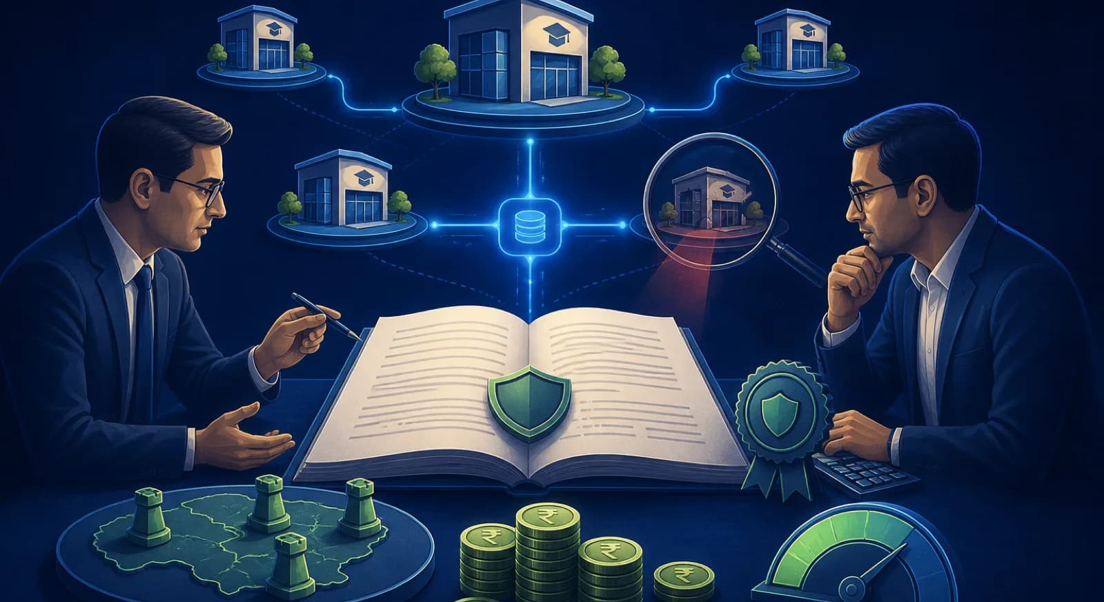 A lawyer and accountant review the contracts, taxes, royalties, and standards of a chess franchise.