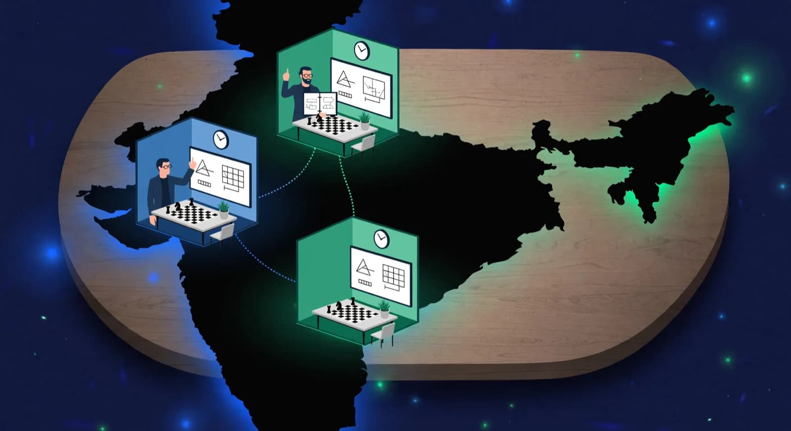 Three identical miniature chess classrooms placed on an India map silhouette.