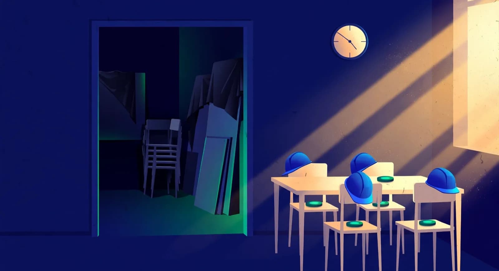 A weekend make-up table with four reserved chairs and tokens, while weekday classrooms sit dark beyond the doorway.