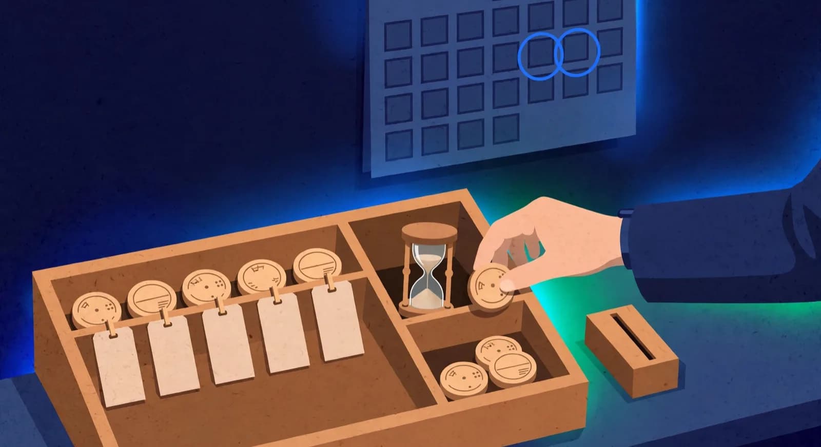 A make-up credit ledger box with tokens, date tags, and reserved slot cards.
