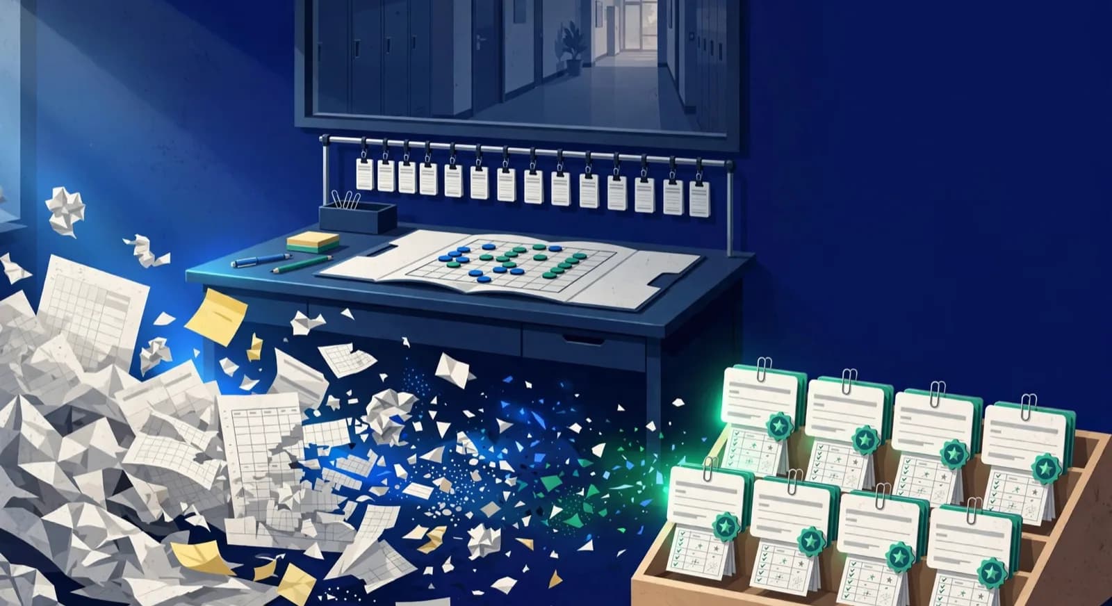 Paper spreadsheets dissolve into tidy student ID cards clipped to scoresheets on a coach desk.