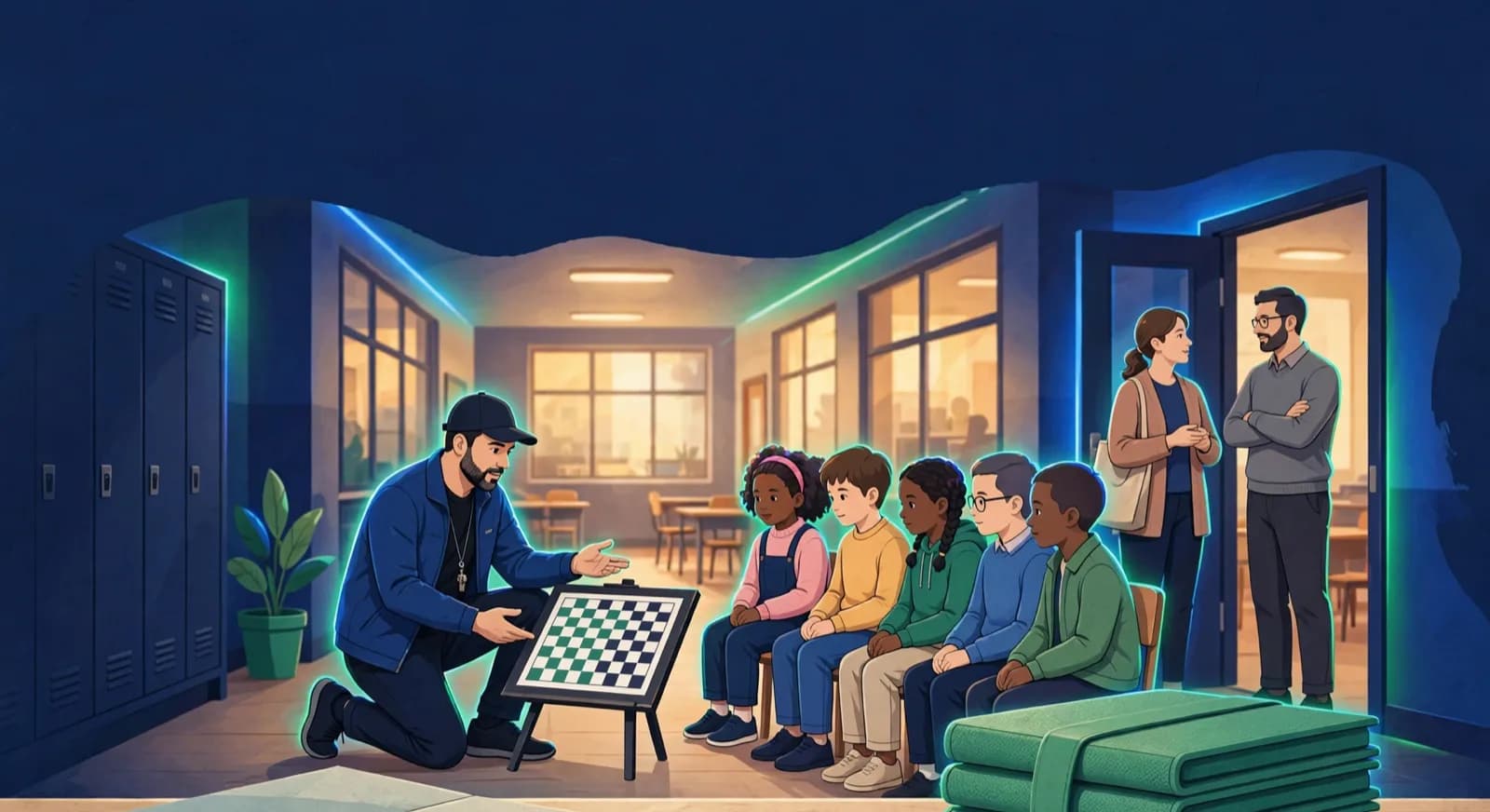 Coach with demo board in a school corridor surrounded by children seated and teachers near a doorway.