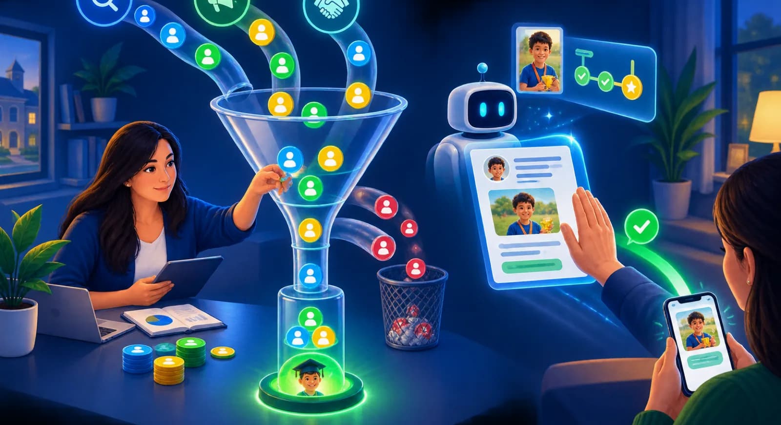 An academy measures lead sources while a coach approves an AI drafted family message.