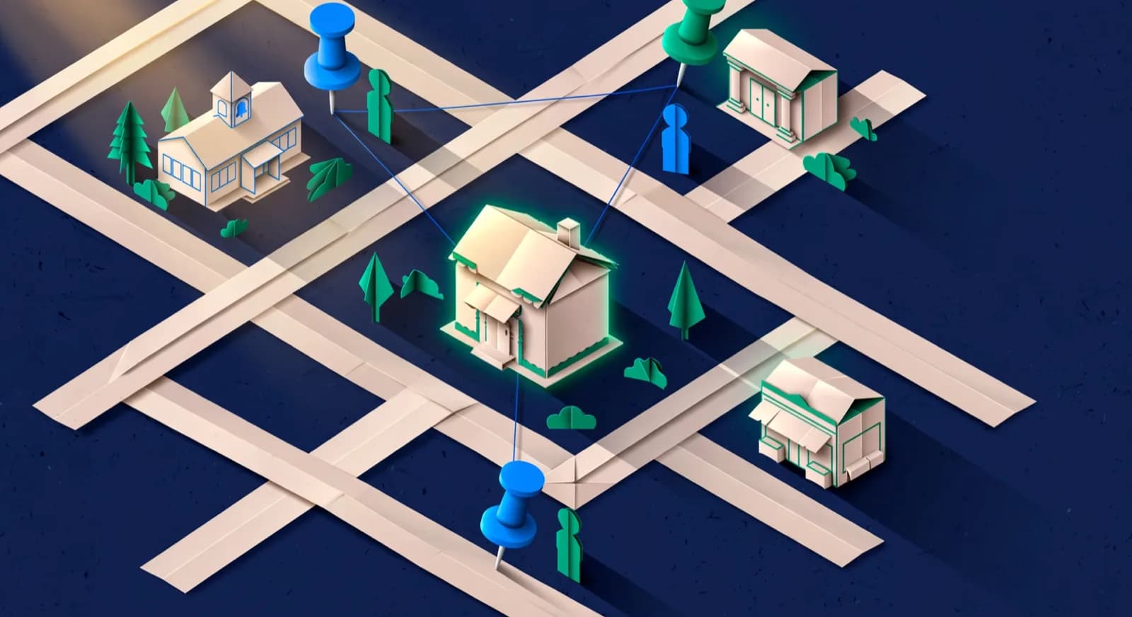 Paper street map of a neighborhood with pins around a tiny academy storefront and nearby school models.