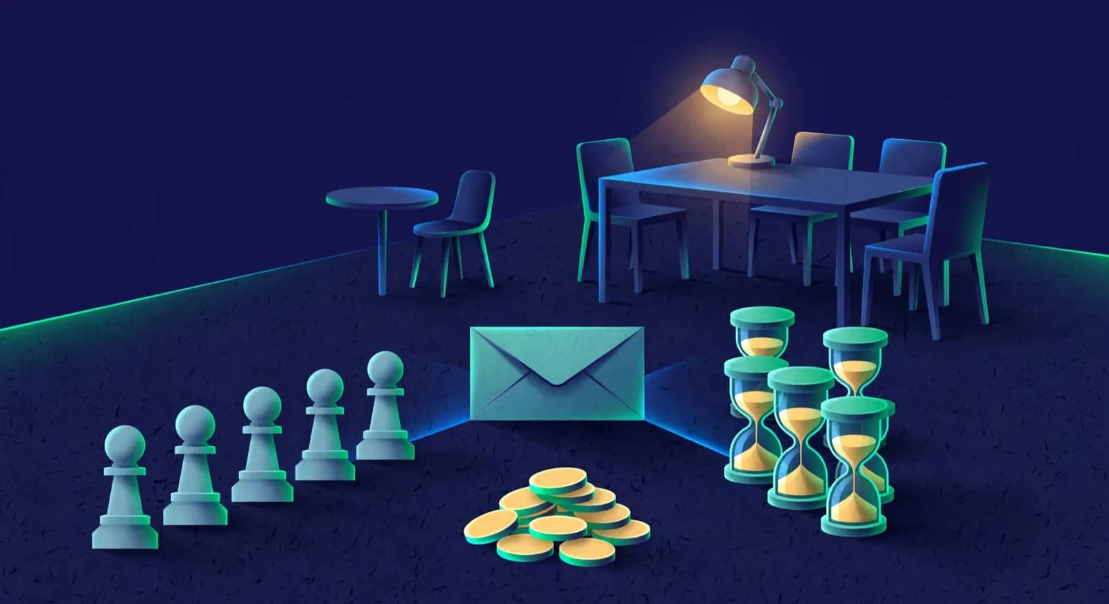 Pawn figurines, hourglasses, and coins gather into one envelope in front of a private table and a larger group table.