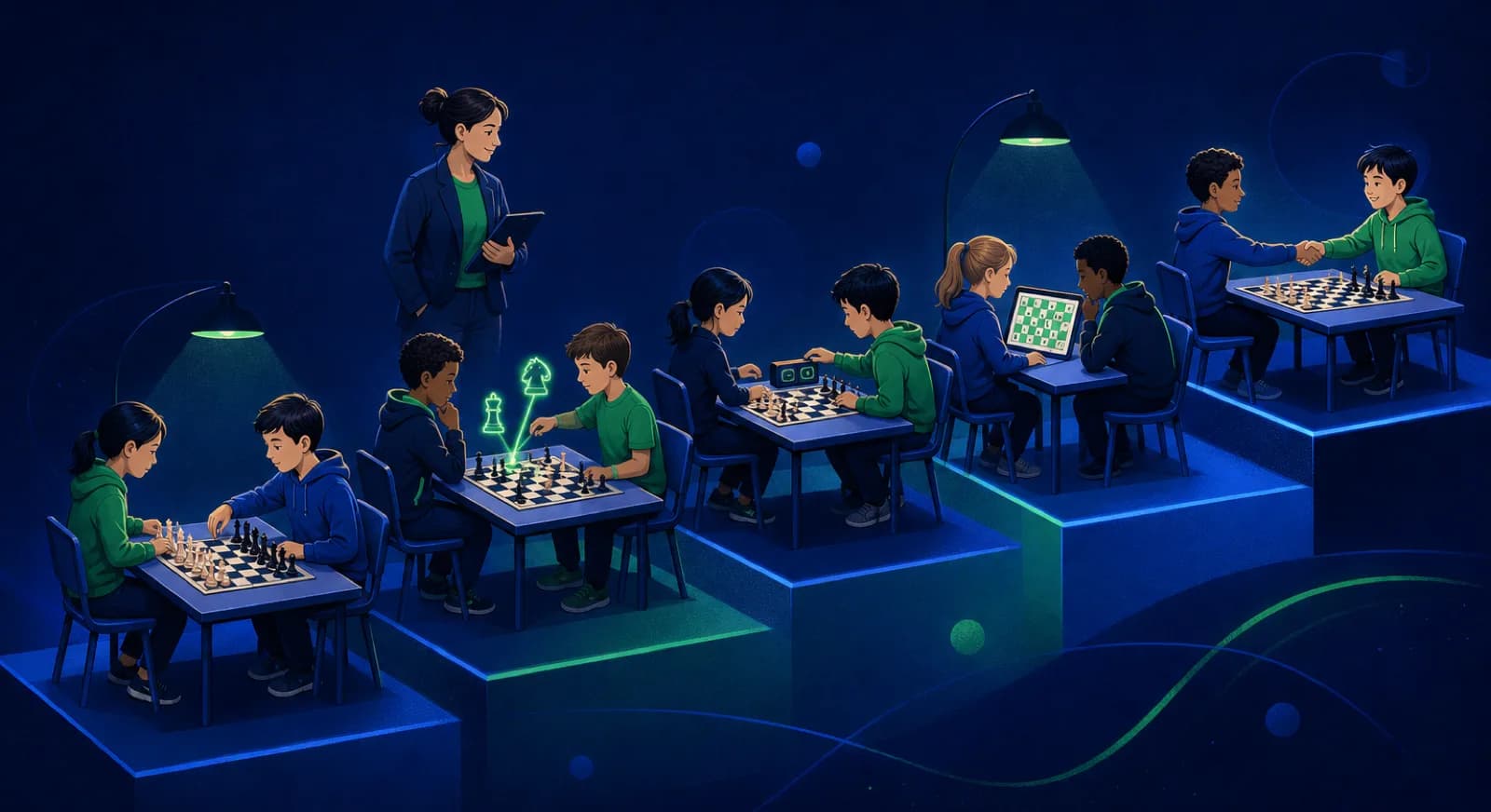 Five objective categories climb from beginner chess skills to competitive habits and conduct.