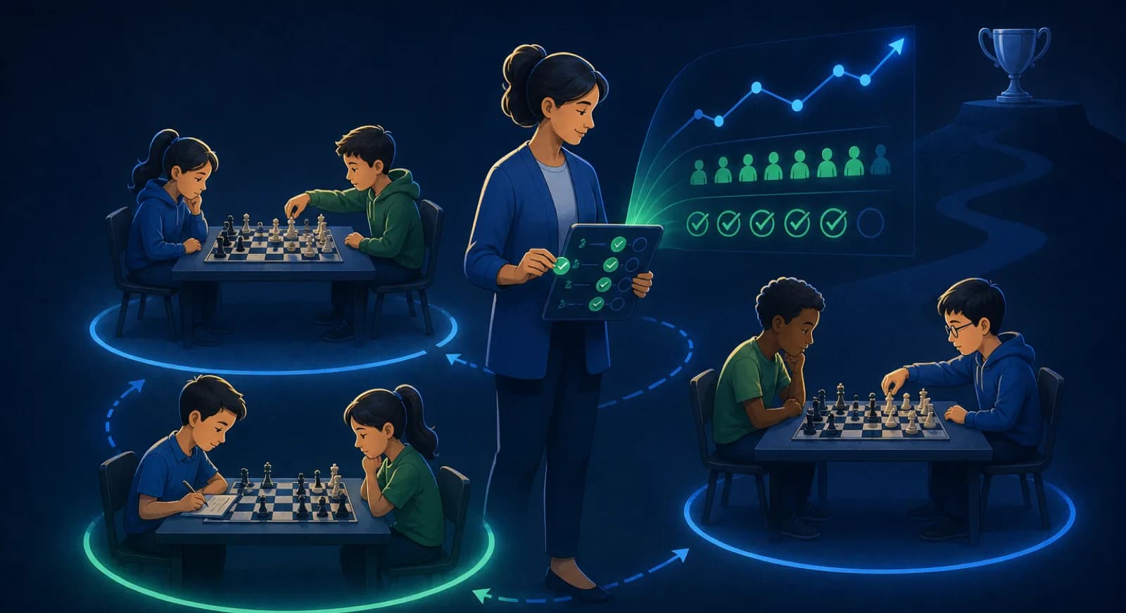 A teacher records practical chess objectives, attendance, and a longer term rating trend.