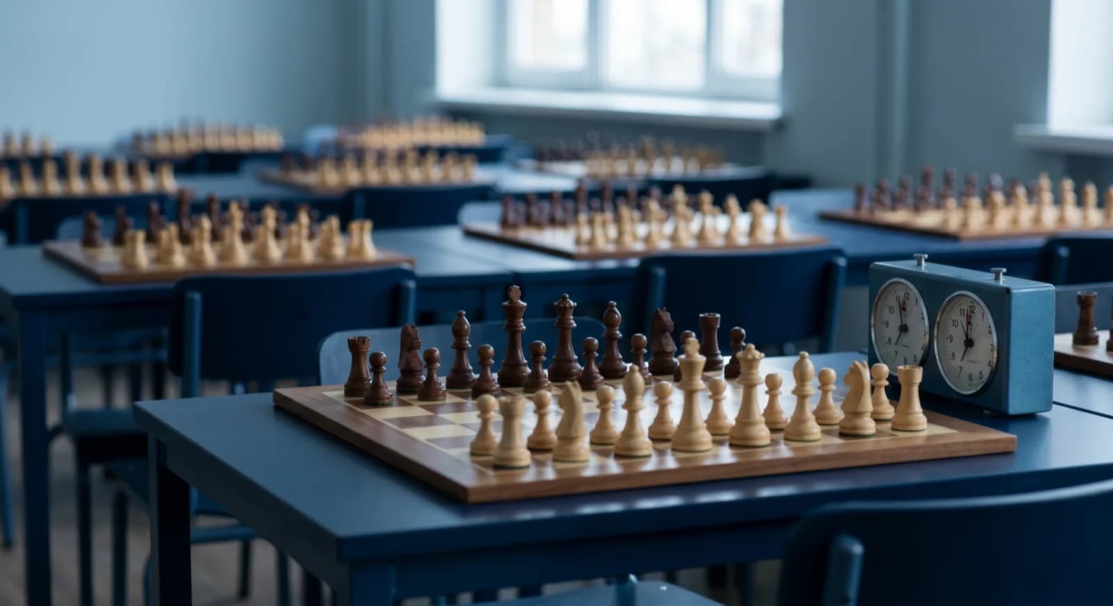 A glassy chess pawn and knight beside colourful wooden blocks on a bright table