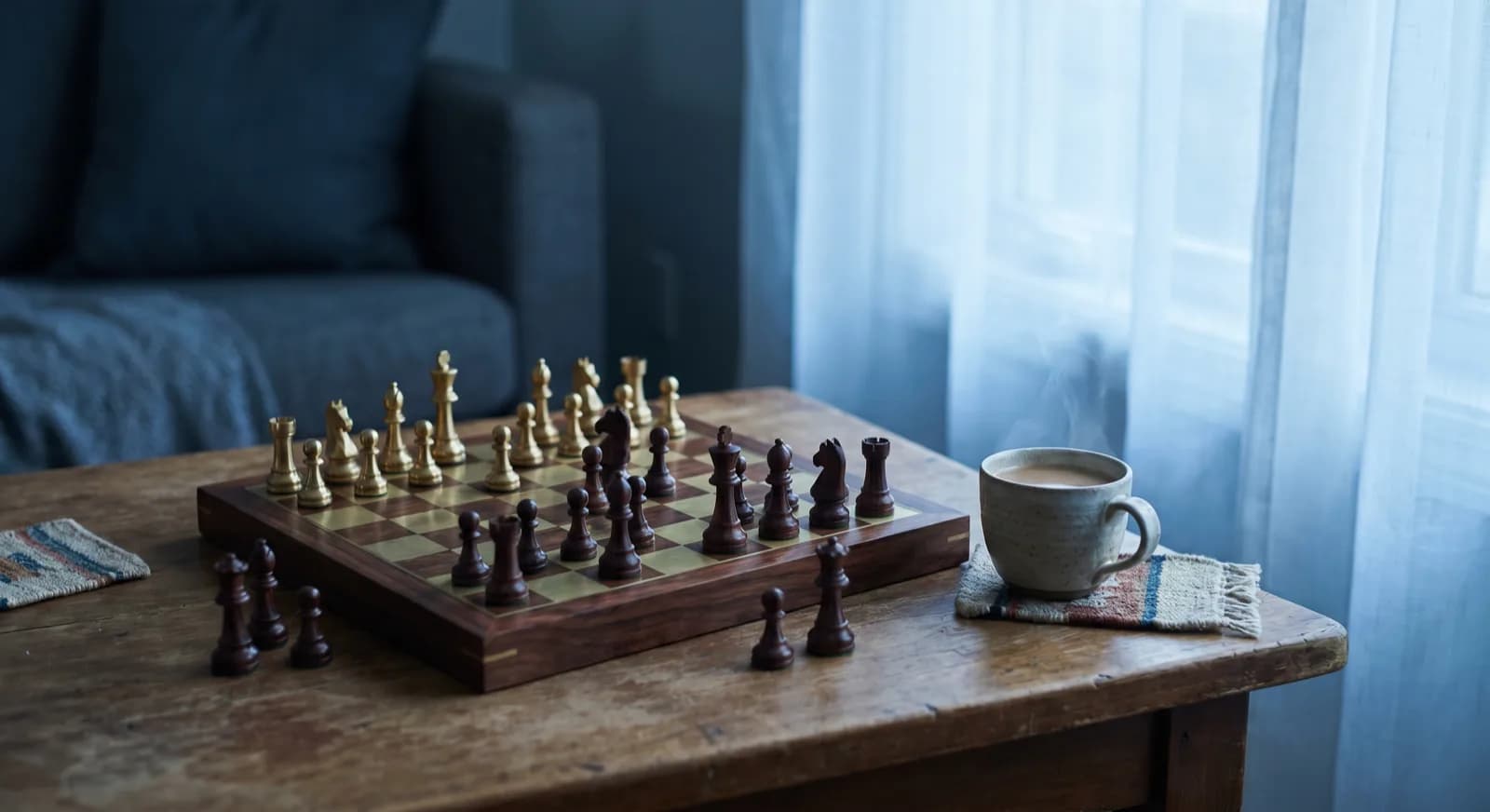 A glassy chess king and pawn beside a tablet and a wooden board on a family table
